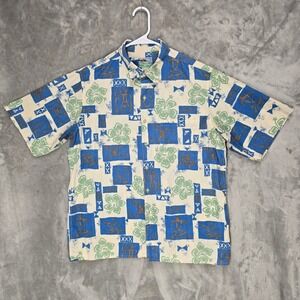 Reyn Spooner Mens L Hawaiian Aloha Shirt Blue Green Geometric Cotton Floral Tiki